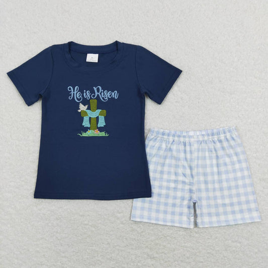 BSSO0319  Easter Rabbit Cross Blue he is risen Embroidery Boys Short Sleeve Shorts Outfits