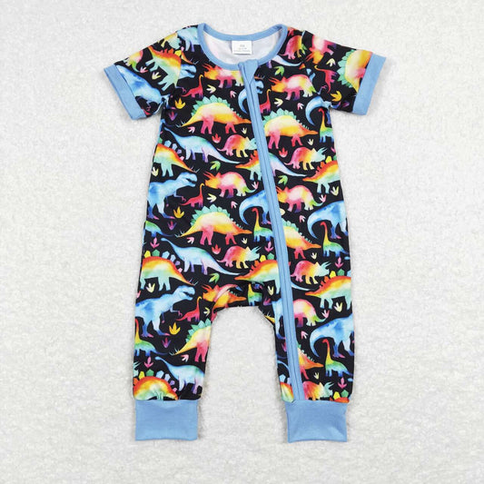 SR0506 Blue Dinosaur  Zipper Girls Short Sleeve Romper