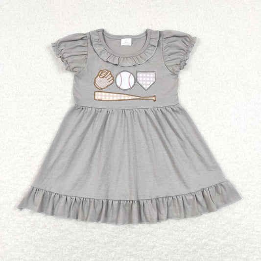 GSD0574 Grey Softball   Embroidery Girls Flutter Sleeve Dresses