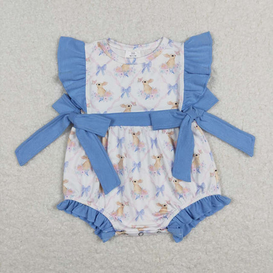 SR0638  Easter Blue Egg Rabbit  Bow   Girls Short Sleeve Romper