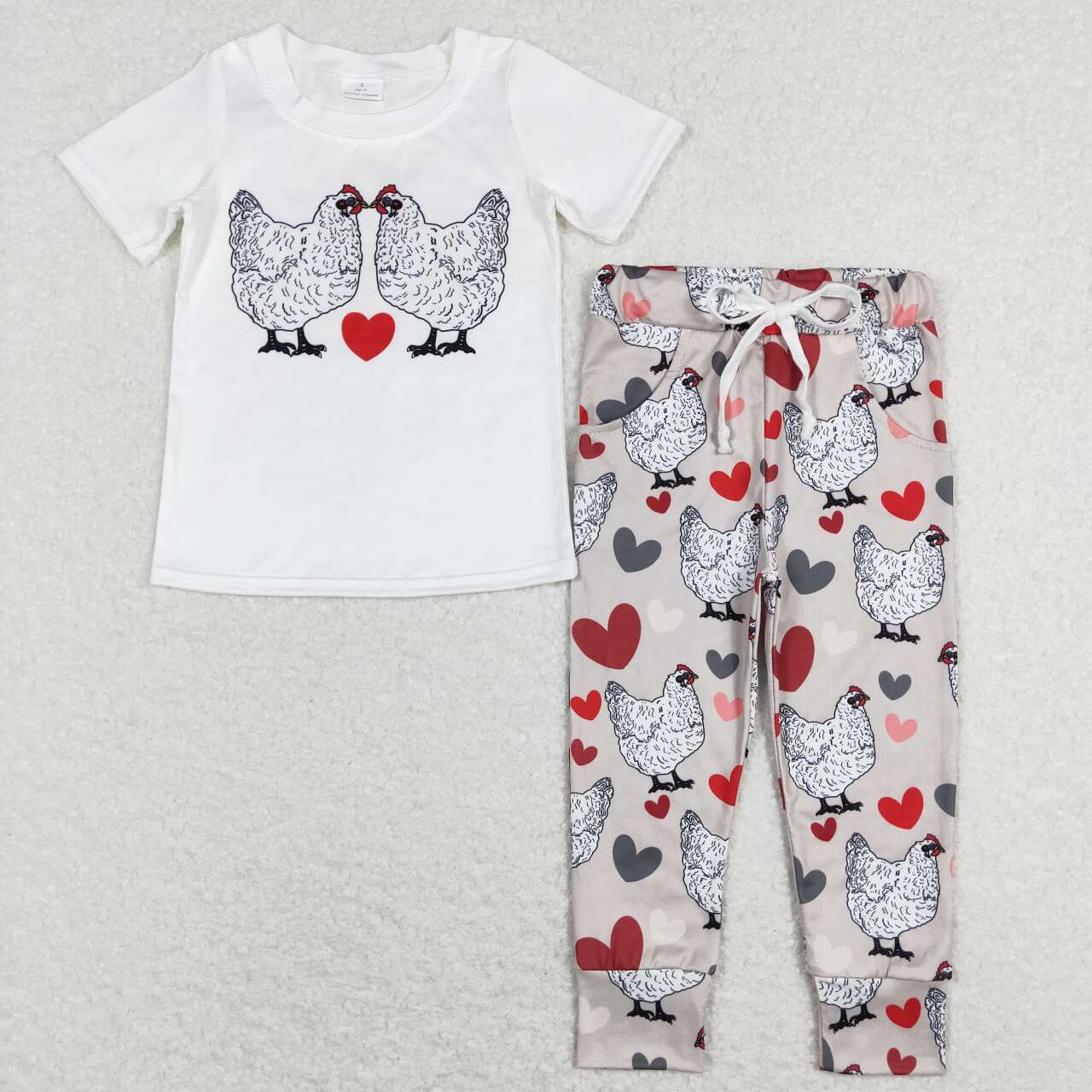 BSPO0221 Valentine Love Chicken red  Boys Short Sleeve Bell Bottom Pants Outfits