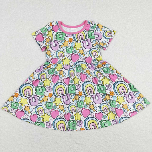 GSD0537  St. Patrick Clover Rainbow Pink Girls Short Sleeve Dresses