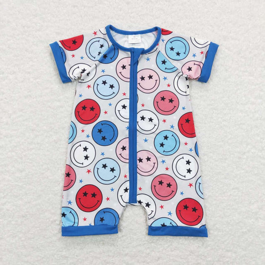 SR0682  4th of July Blue Red Smile  Zipper  Girls Short Sleeve Romper