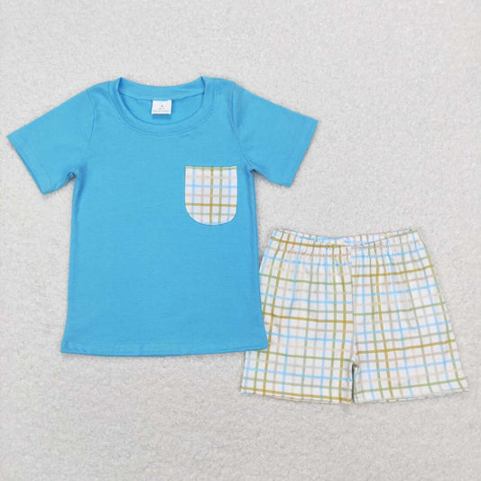 BSSO0372 Blue Plaid Pocket Boys Short Sleeve Shorts Outfits