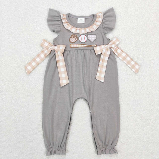 SR0613 Grey Softball  Embroidery  Girls Short Sleeve Romper