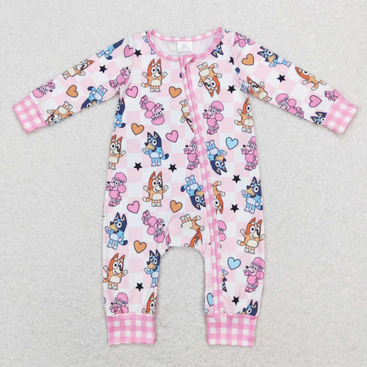 LR0870 Valentine Love Pink Blue Dog Cartoon  Zipper Girls Long Sleeve Romper