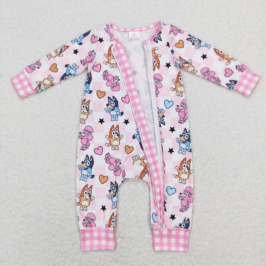 LR0870 Valentine Love Pink Blue Dog Cartoon  Zipper Girls Long Sleeve Romper