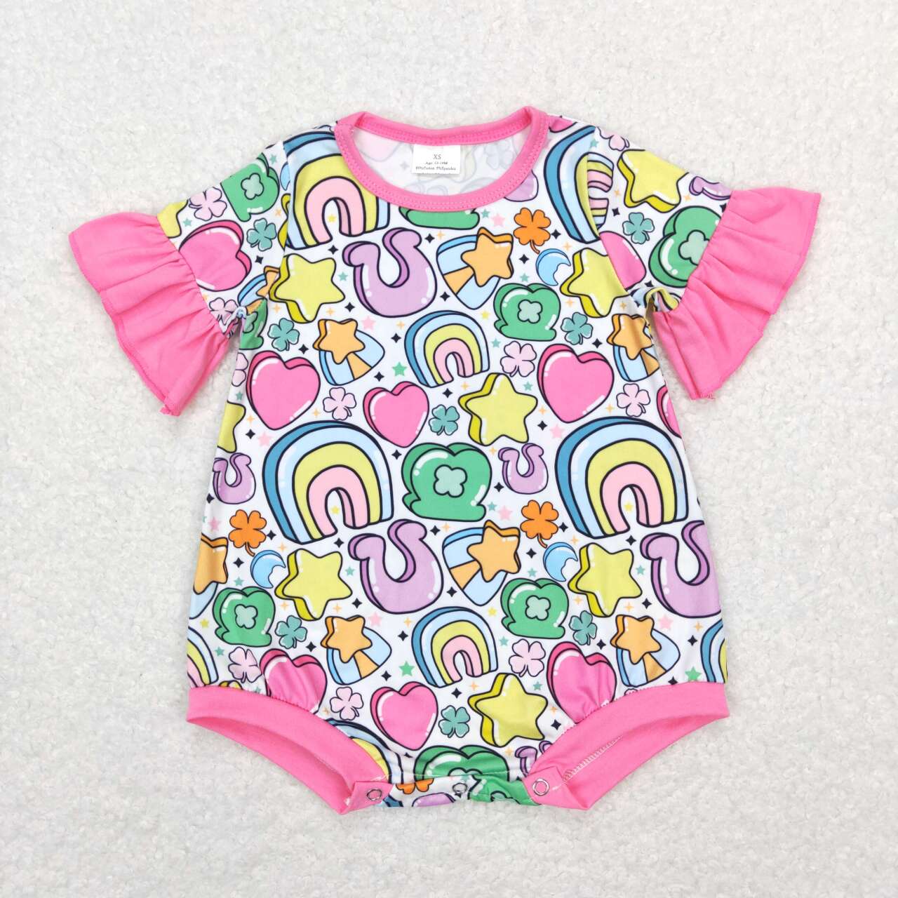 SR0552  St. Patrick  Green Pink Lucky Clover  Girls Short Sleeve Romper