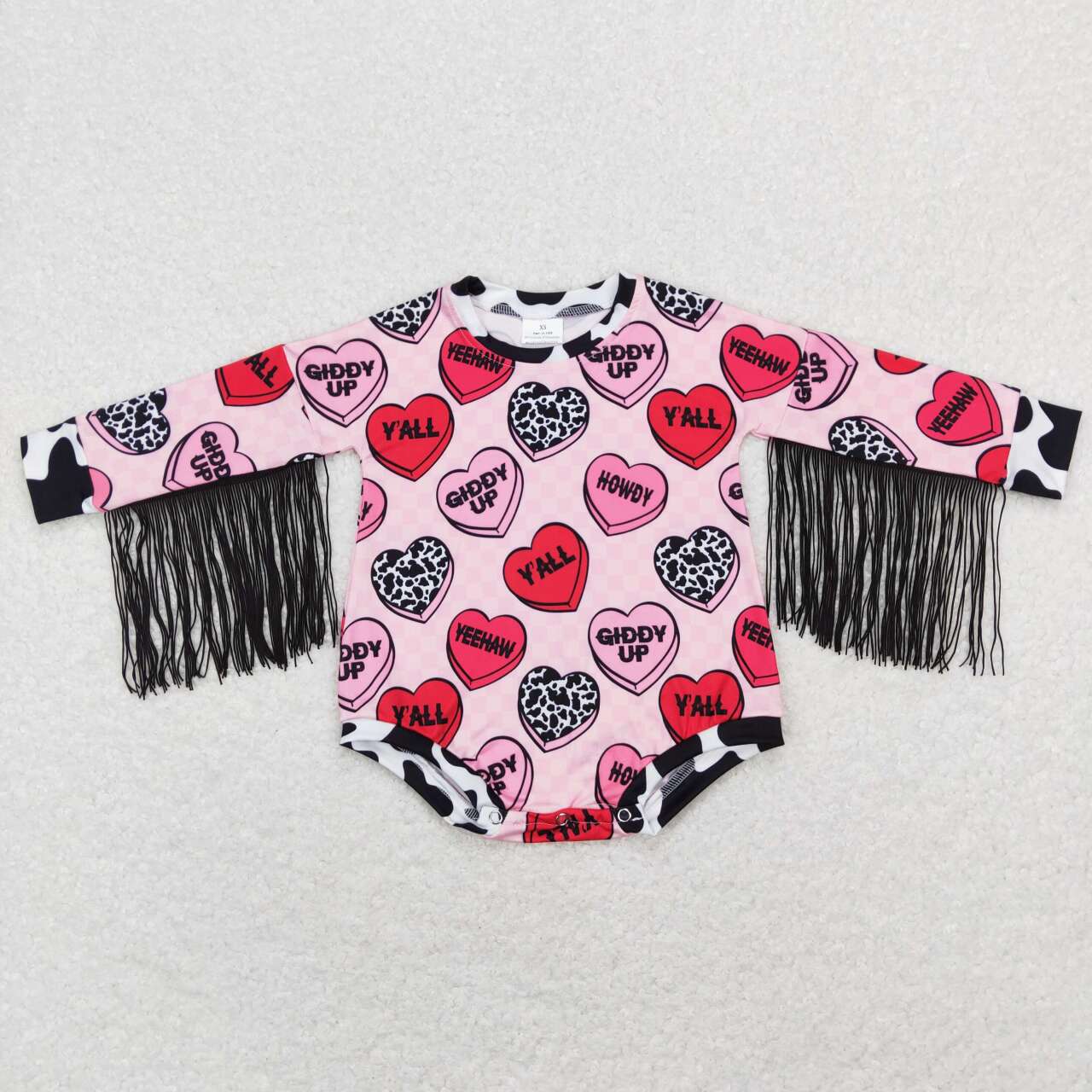 LR0815 Valentine Pink Love Howdy Tassel Girls Long Sleeve Romper