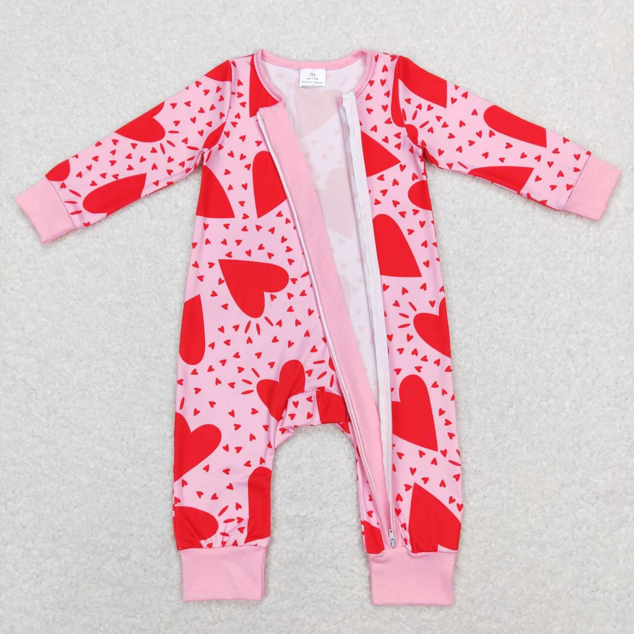 LR0839 Valentine Love Leopard Pink  Zipper Girls Long Sleeve Romper