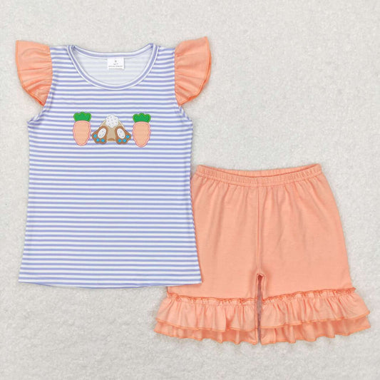 GSSO0373  Easter Rabbit Carrot Purple Orange Embroidery Girls Short Sleeve Shorts Outfits