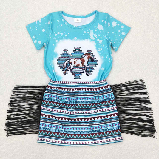 GSD0607 Blue Horse Tassel Western Dresses Girls Short Sleeve Shorts Outfits