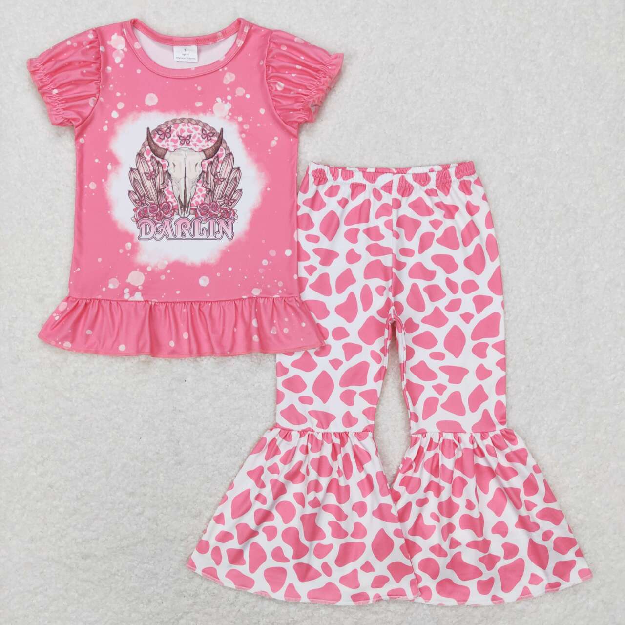 GSPO1052 Pink Dralin Highland Cow Leopard Girls Short Sleeve Bell Bottom Pants Outfits