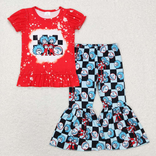 GSPO1084 Dr cartoon Blue Red Plaid Girls Short Sleeve Bell Bottom Pants Outfits