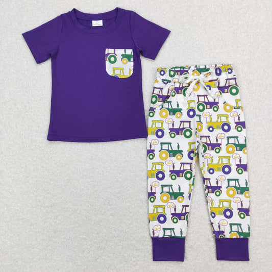 BSPO0278 Mardi Grad Purple green yellow truck farm Boys Short Sleeve Bell Bottom Pants Outfits