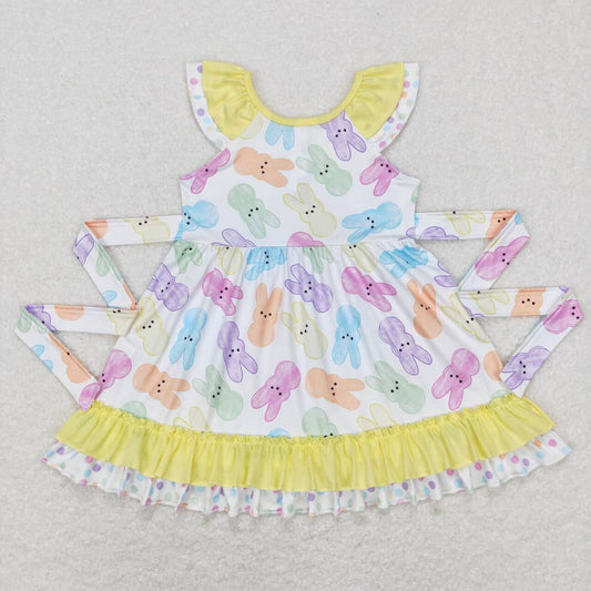 GSD0610 Easter Yellow Rabbit Belt Girls Short Sleeve Dresses