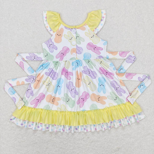 GSD0610 Easter Yellow Rabbit Belt Girls Short Sleeve Dresses