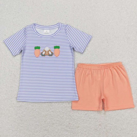 BSSO0301  Easter Rabbit Carrot Purple Orange Embroidery Boys Short Sleeve Shorts Outfits