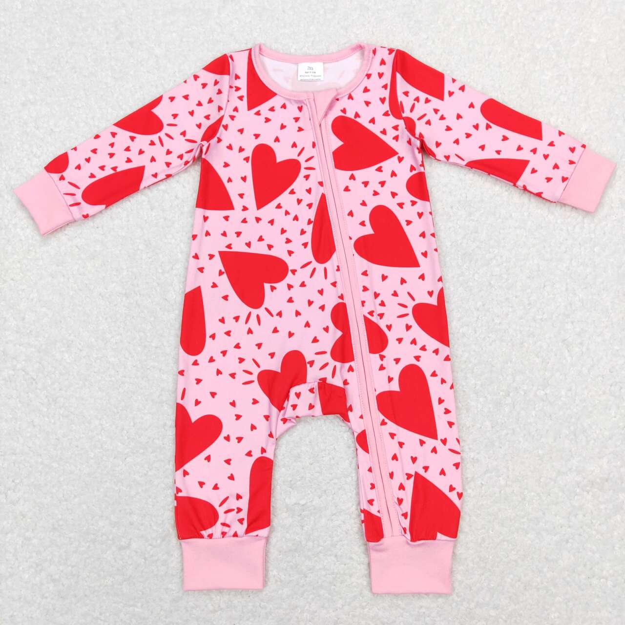 LR0839 Valentine Love Leopard Pink  Zipper Girls Long Sleeve Romper