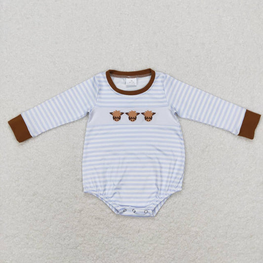 LR0724 Highland Cow brown  Embroidery  Girls Long Sleeve Romper