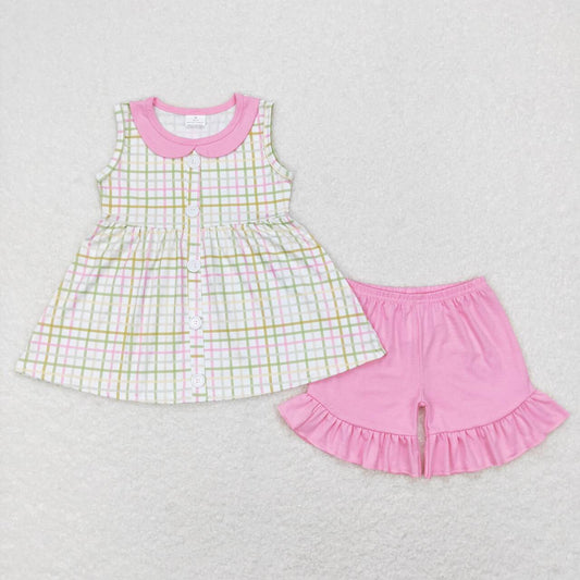 GSSO0416 Pink Plaid  Girls Flutter Sleeve Shorts Outfits