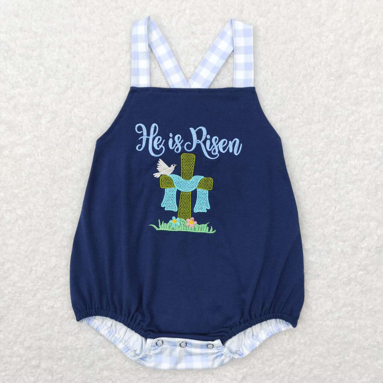 SR0565   Easter Rabbit Cross Blue he is risen Embroidery  Boys Short Sleeve Romper