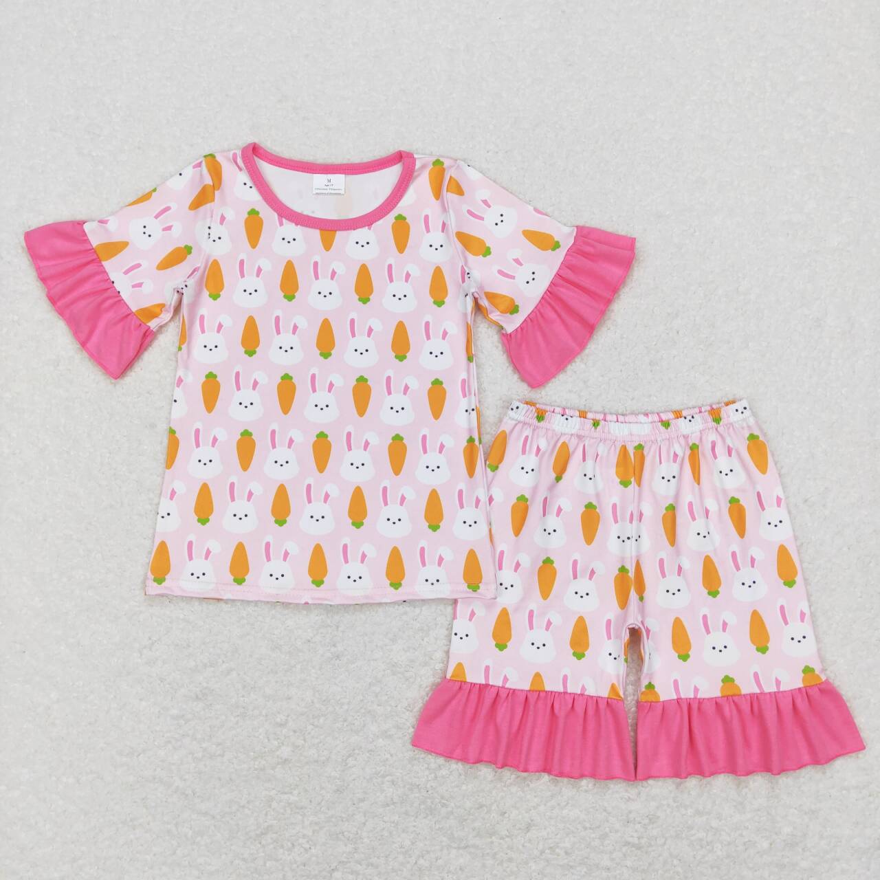 GSSO0407 Easter Pink Rabbit Carrot Girls Short Sleeve Shorts Outfits Pajamas