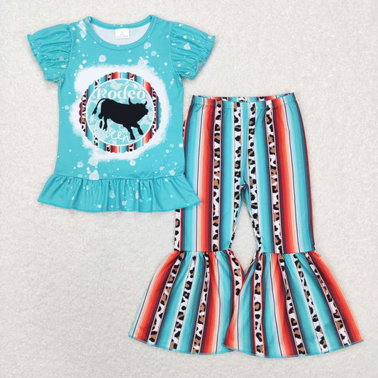 GSPO1051 Blue Rodeo Cow Western Girls Short Sleeve Bell Bottom Pants Outfits