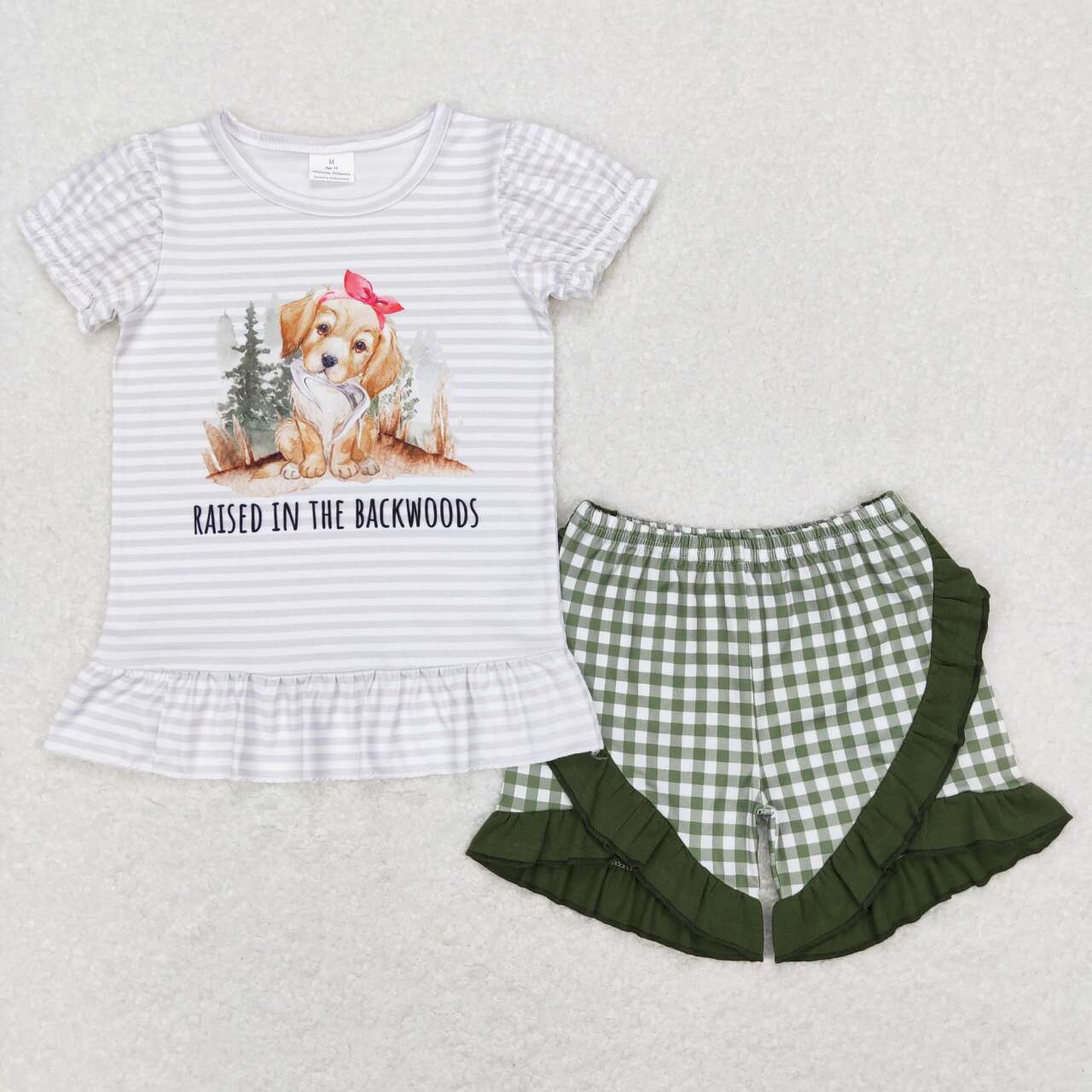 GSSO0417 Green Dog Raised in the backwoods Girls Short Sleeve Shorts Outfits