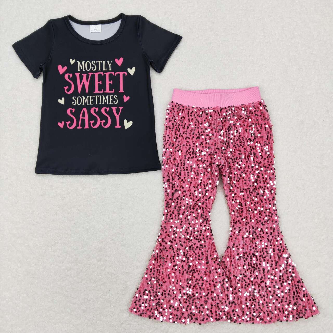 GSPO1178 2pcs Sweet Sassy pink Sequin Girls Short Sleeve Bell Bottom Pants Outfits