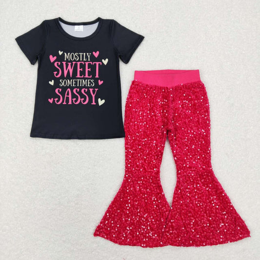 GSPO1235  2pcs Sweet Sassy pink Sequin Girls Short Sleeve Bell Bottom Pants Outfits