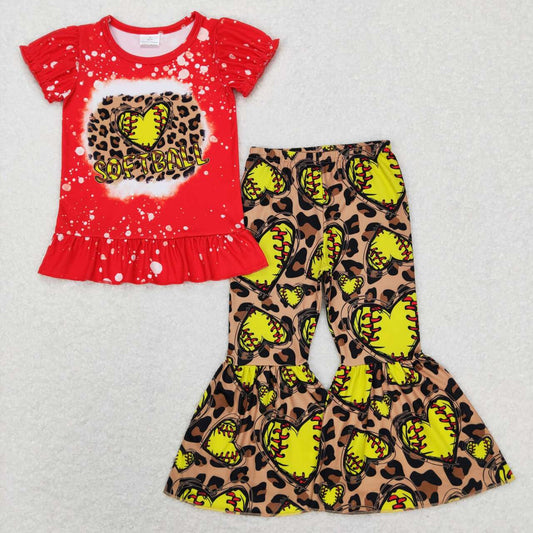 GSPO1086 Valentine Love Red Leopard Softball  Girls Short Sleeve Bell Bottom Pants Outfits