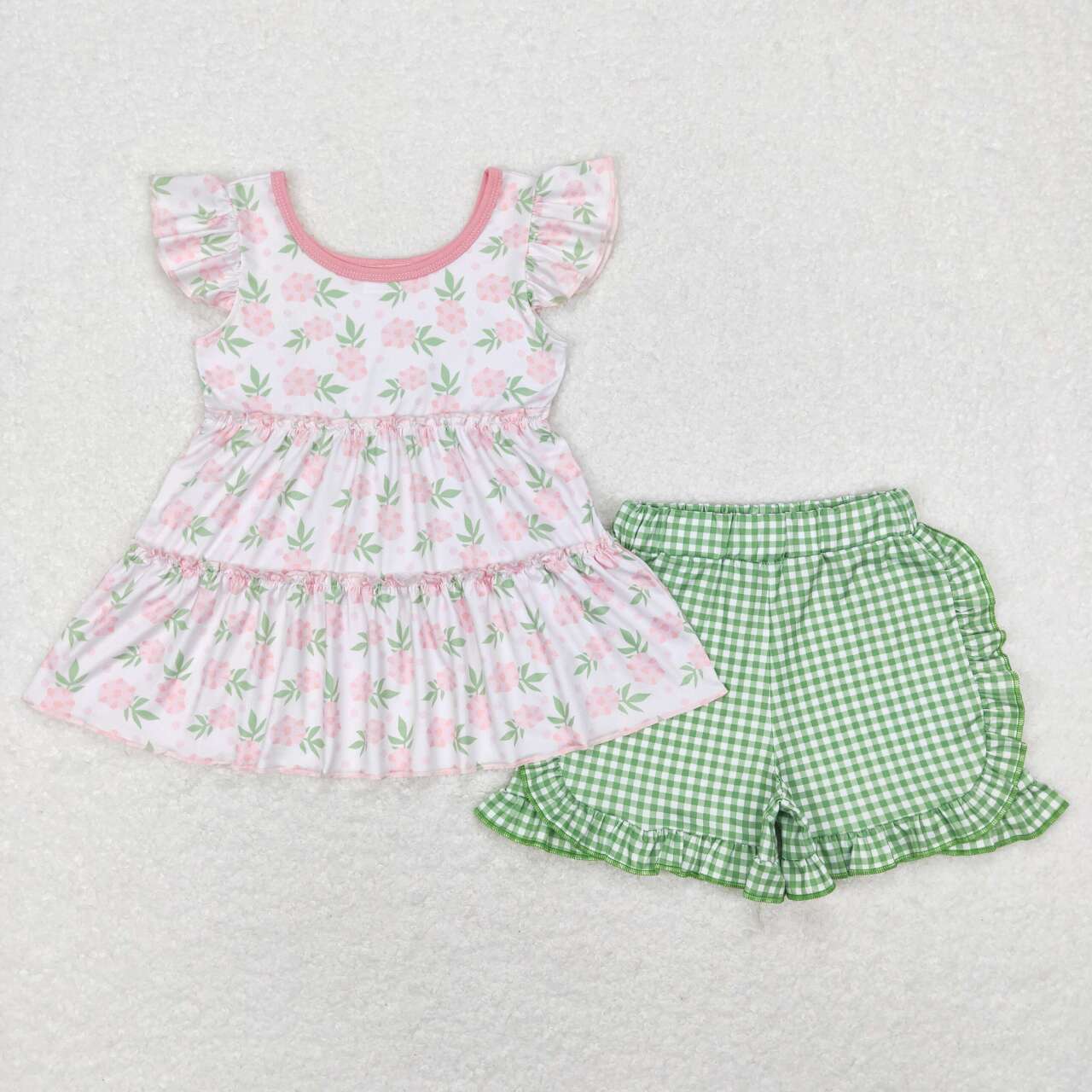 GSSO0440 Green Pink Floral Girls Short Sleeve Shorts Outfits