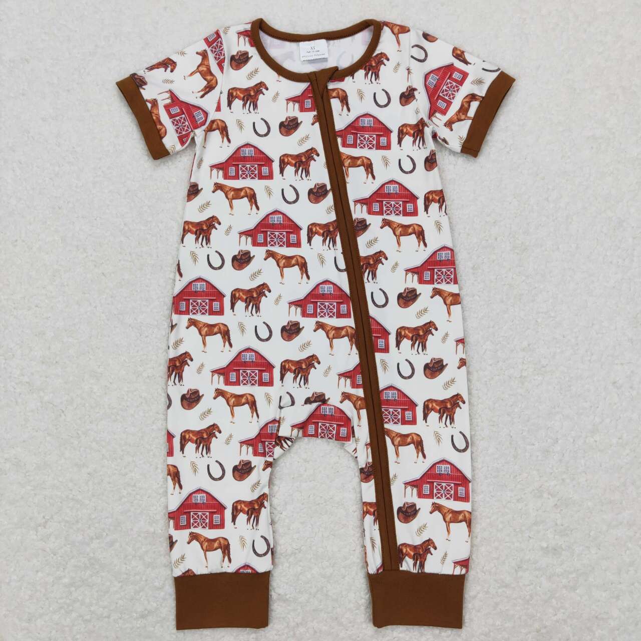 SR0509 Brown Farm Horses Zipper Girls Short Sleeve Romper