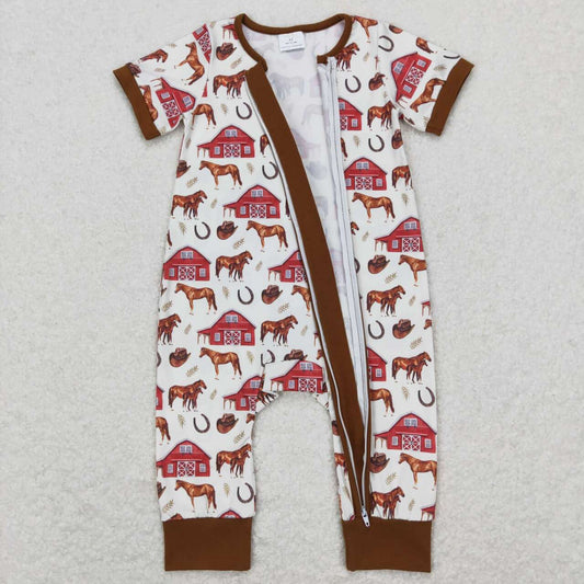 SR0509 Brown Farm Horses Zipper Girls Short Sleeve Romper