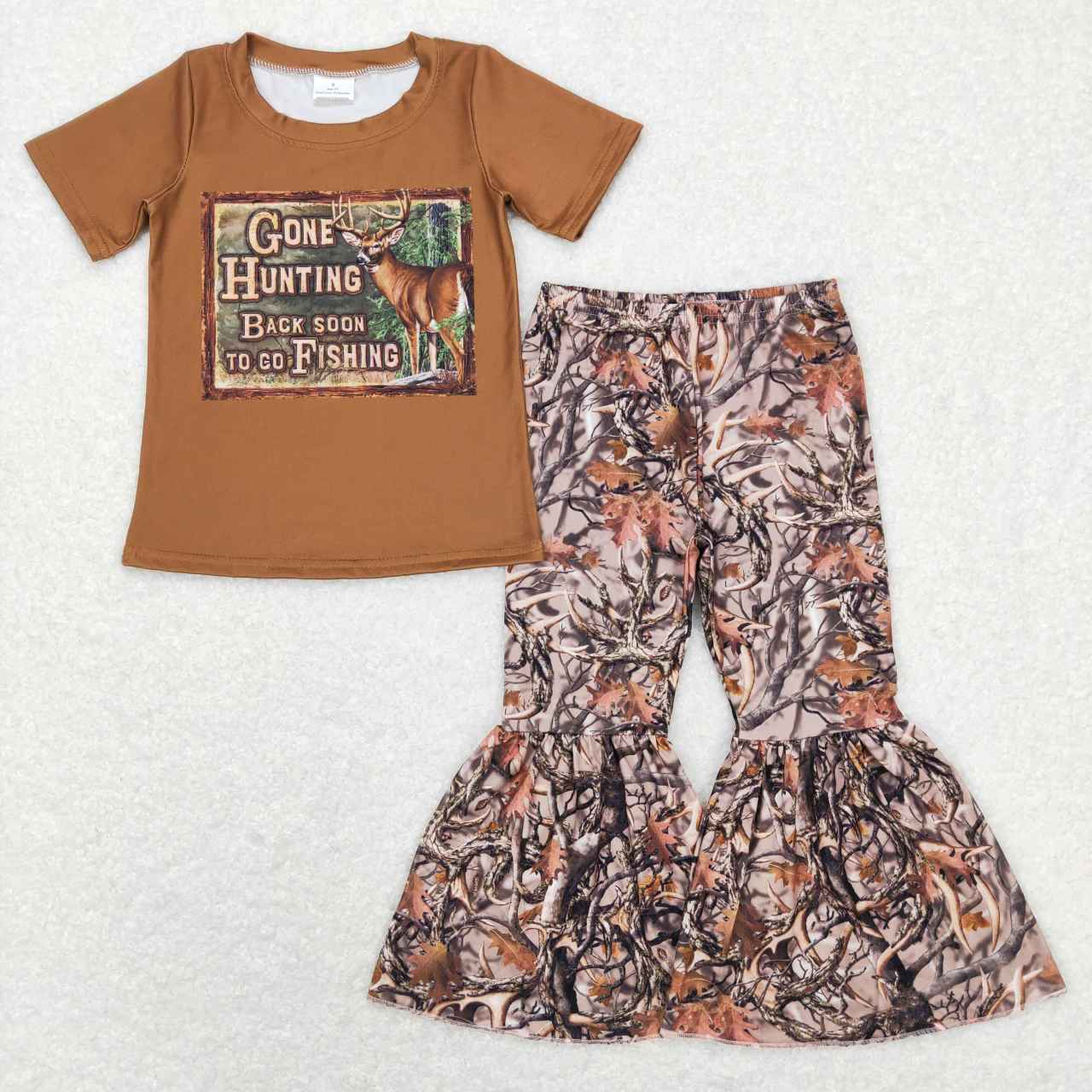 BT0424 Hunting deer Girls Short Sleeve Bell Bottom Pants Outfits