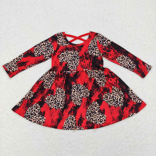 GLD0490 Valentine Red leopard Love  Girls Long Sleeve Dresses