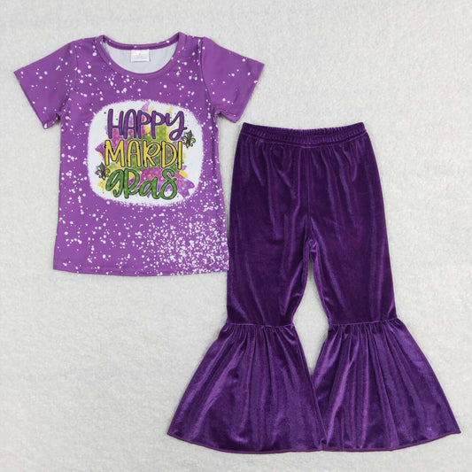 GT0374 2Pcs Mardi gras purple Top + Velvet Girls Short Sleeve Pants Outfits