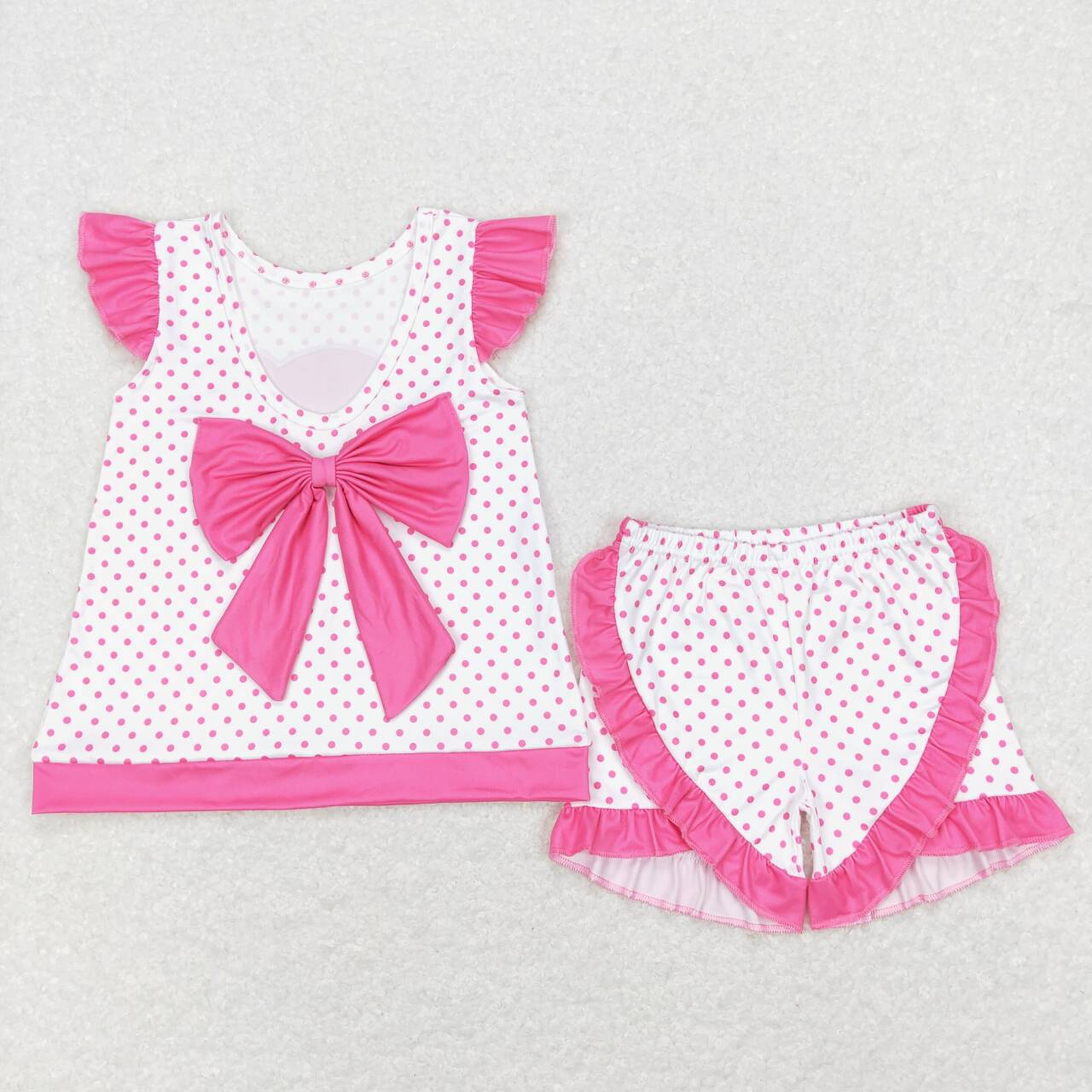 GSSO0384 Pink B Cartoon Bow Girls Short Sleeve Shorts Outfits