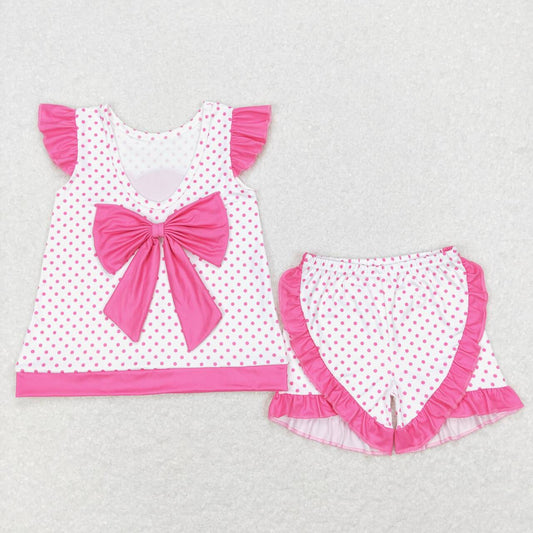 GSSO0384 Pink B Cartoon Bow Girls Short Sleeve Shorts Outfits