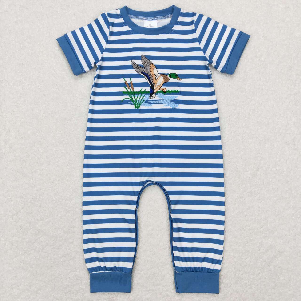 SR0554 Duck Blue Embroidery  Boys Short Sleeve Romper