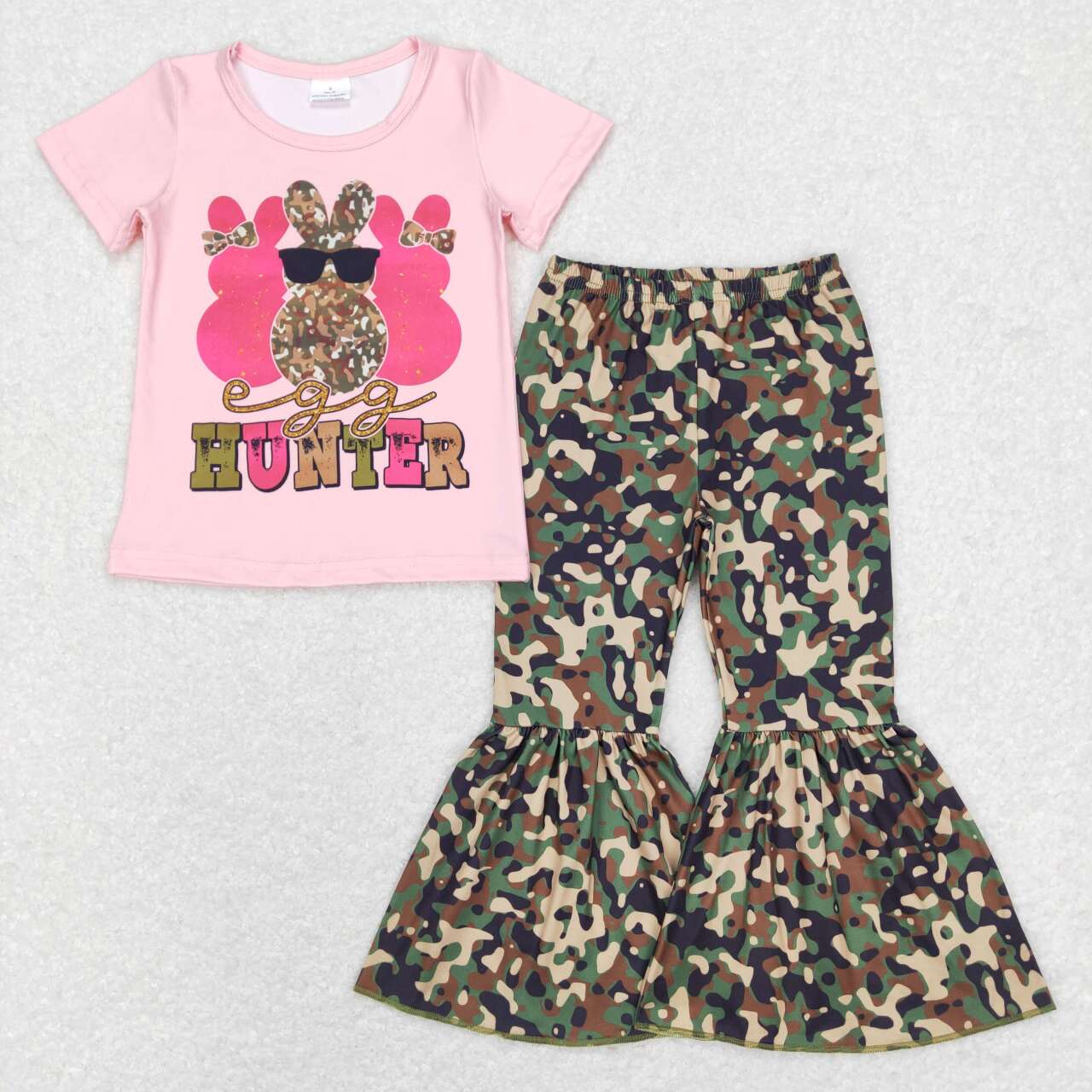 GSPO1049 Easter Pink Hunter Rabbit Girls Short Sleeve Bell Bottom Pants Outfits