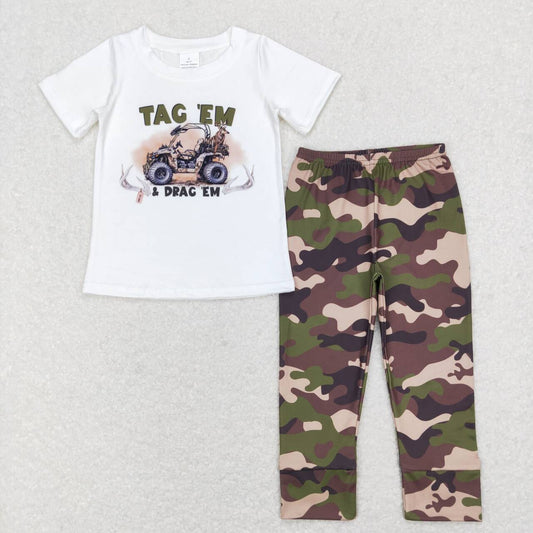 BSPO0234 Drag me trauck green camo Boys Short Sleeve Bell Bottom Pants Outfits