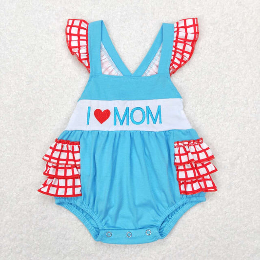 SR0683 Valentine I Love Mom Blue  Embroidery  Girls Short Sleeve Romper