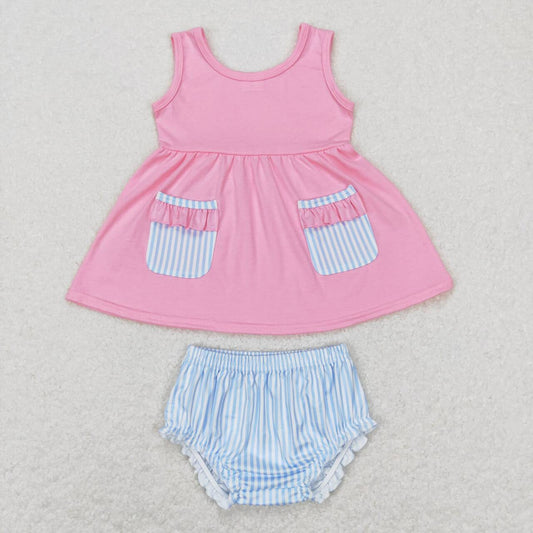 GBO0226 Pink Blue Pockets Girls Short Sleeve Bummies Outfits