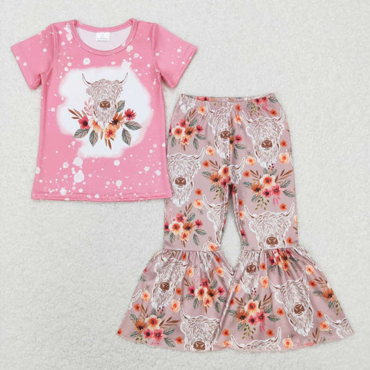 GSPO1079 Pink Floral Highland Cow  Girls Short Sleeve Pants Outfits