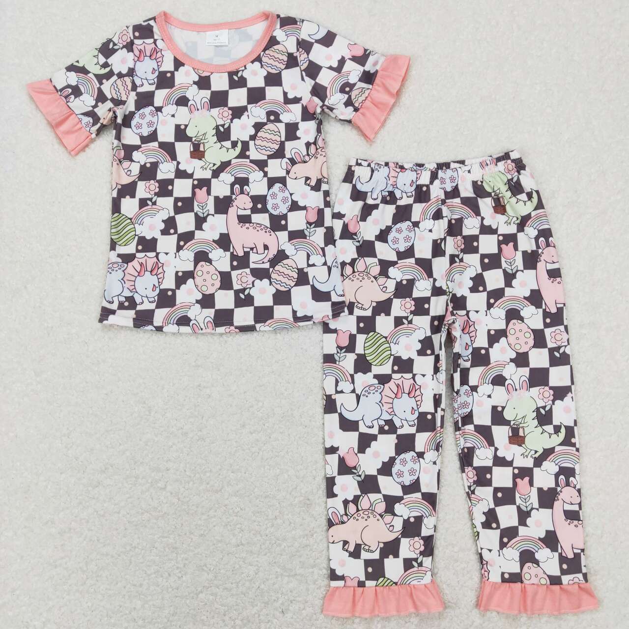 GSPO1203  Pink Easter Dinosaur Rabbit Girls Short Sleeve Bell Bottom Pants Outfits pajamas