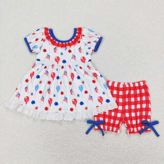 GSSO0430 4th of July Blue Red Flag Girls Short Sleeve Shorts Outfits