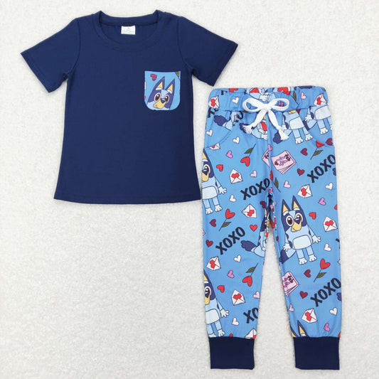 BSPO0271 Valentine Love Blue Dog Cartoon Boys Short Sleeve Pants Outfits