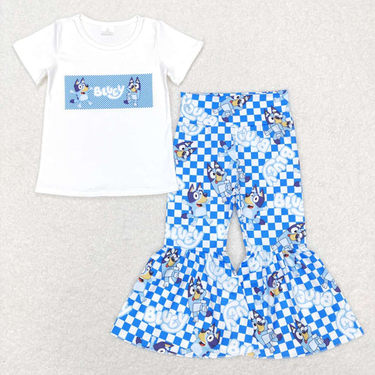 GSPO1174 Blue Dog Cartoon Girls Short Sleeve Pants Outfits